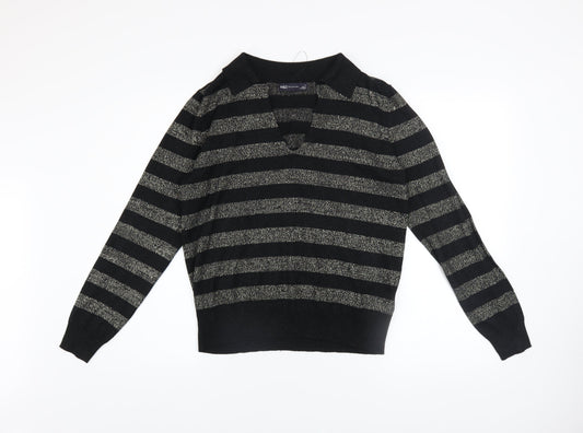 Marks and Spencer Womens Black Striped V-Neck Metallic Knit Jumper Size M