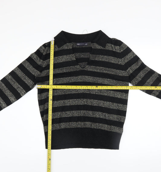 Marks and Spencer Womens Black Striped V-Neck Metallic Knit Jumper Size M
