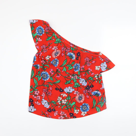 New Look Women Red Floral One Shoulder Ruffle Blouse Size 8