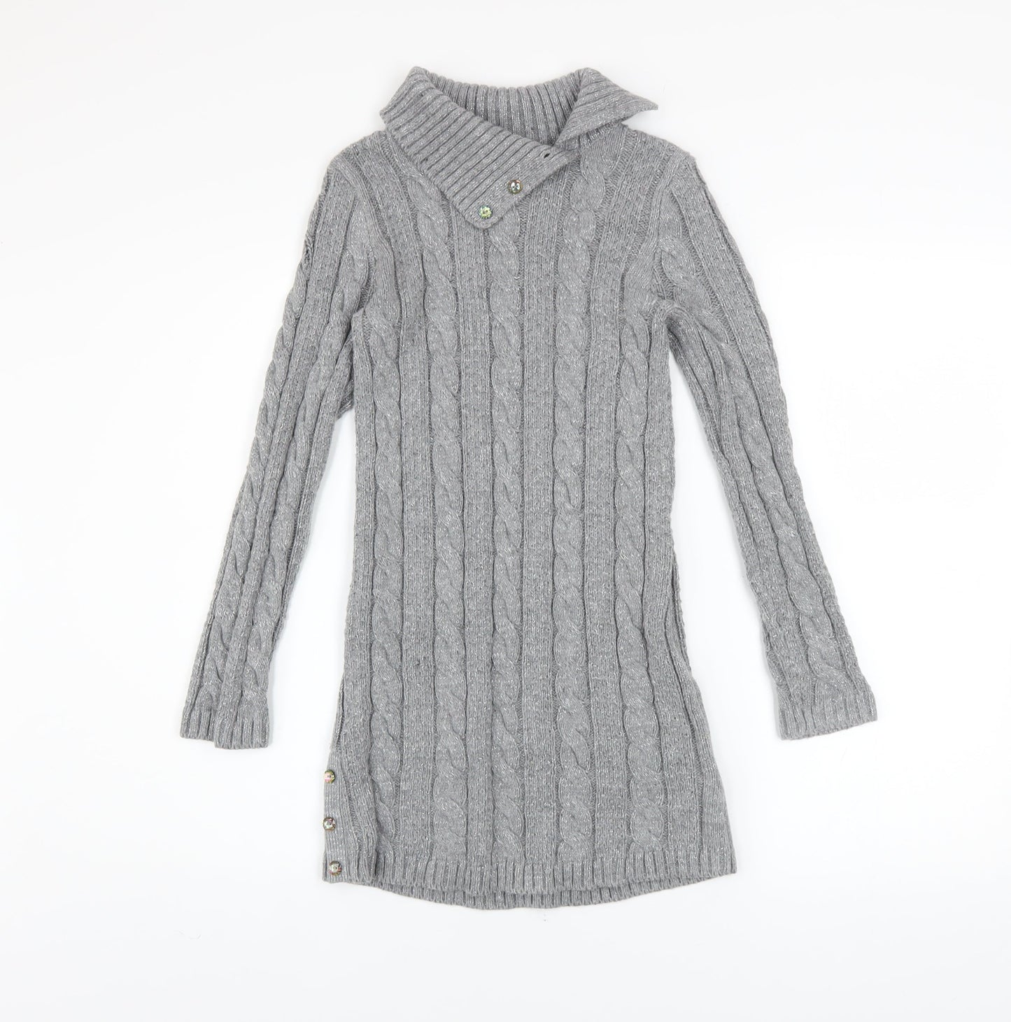 Miss Mona Mouse Girls Grey Knit Sweater Dress 7-8 Years Long Sleeve Button Collar