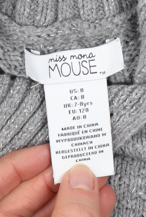 Miss Mona Mouse Girls Grey Knit Sweater Dress 7-8 Years Long Sleeve Button Collar