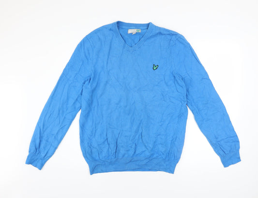 Lyle & Scott Men Blue V-Neck Cotton Pullover Jumper Size L