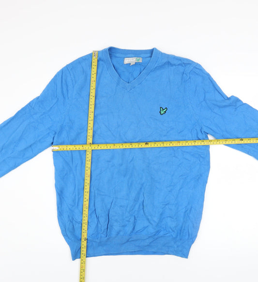 Lyle & Scott Men Blue V-Neck Cotton Pullover Jumper Size L