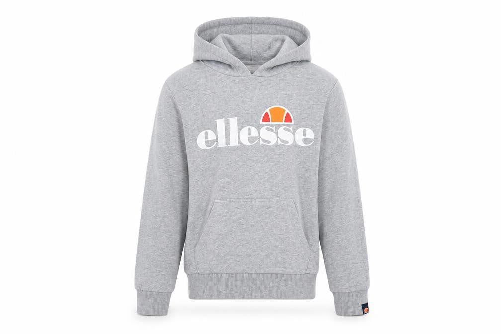 Front view of Ellesse girls’ grey pullover hoodie 8-9 years logo fleece sweatshirt
