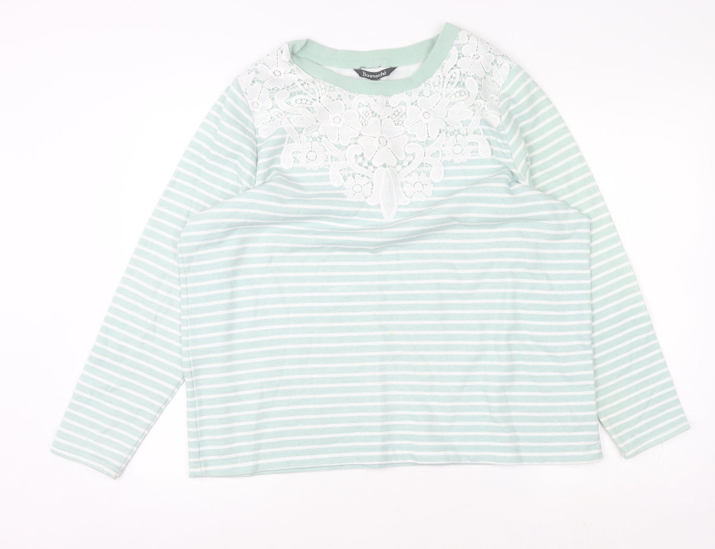 Bonmarché Women's Green Striped Lace Crew Neck Jumper Size 18