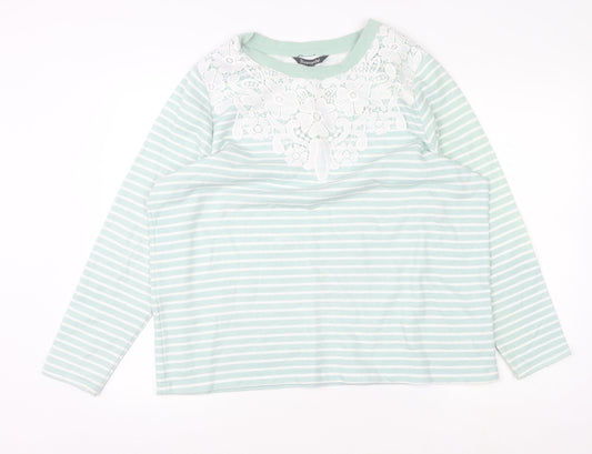 Bonmarché Women's Green Striped Lace Crew Neck Jumper Size 18
