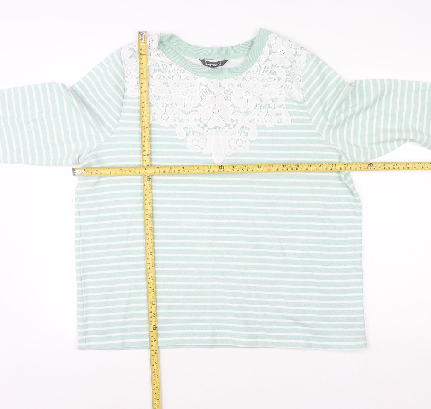 Bonmarché Women's Green Striped Lace Crew Neck Jumper Size 18