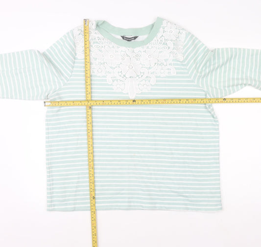 Bonmarché Women's Green Striped Lace Crew Neck Jumper Size 18
