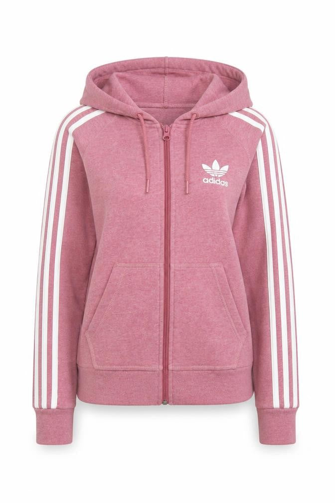 Front view of Adidas women’s pink full zip hoodie, size XS, cotton blend