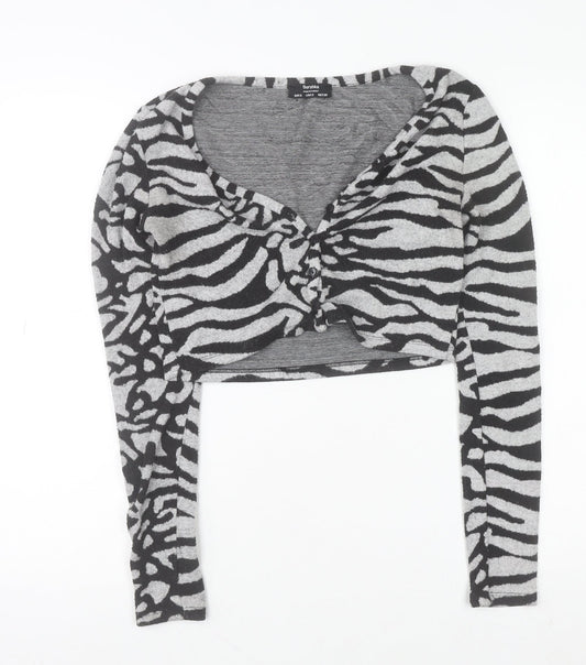 Bershka Women’s Grey Zebra Print Cropped Long Sleeve V-Neck Top Size S