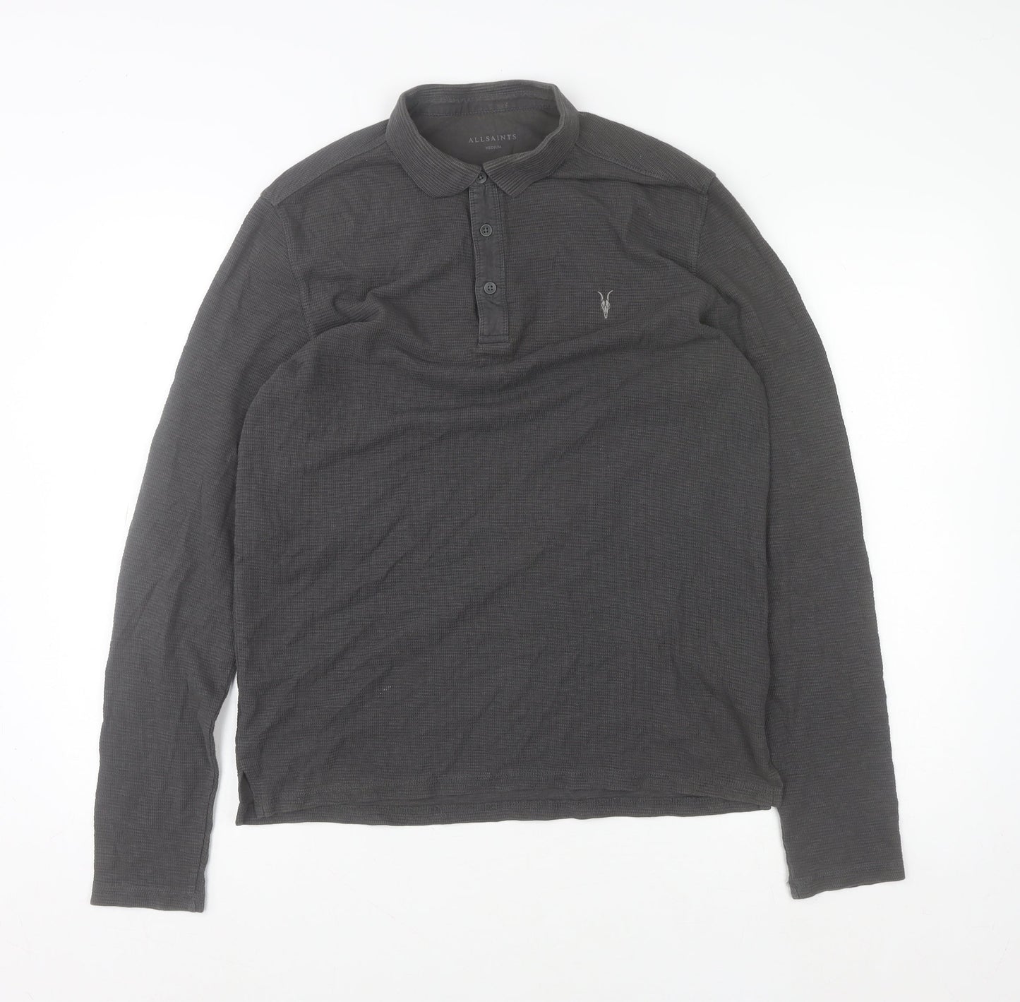 AllSaints Men's Black Long Sleeve Cotton Polo Shirt Size M Slim Fit