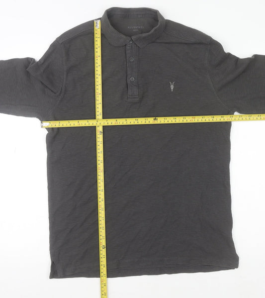 AllSaints Men's Black Long Sleeve Cotton Polo Shirt Size M Slim Fit