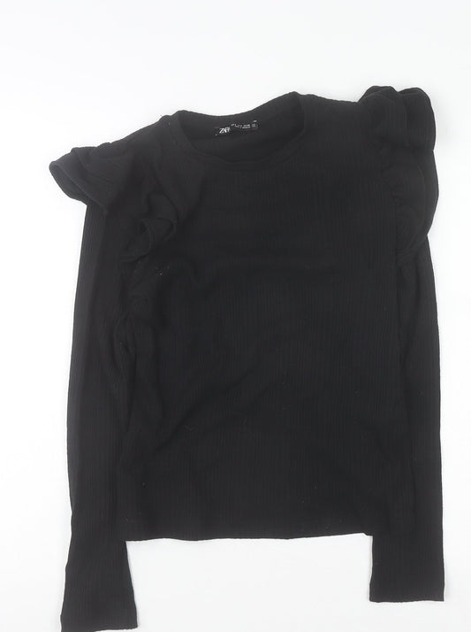 ZARA Women Black Ruffle Long Sleeve Jersey Blouse Size S
