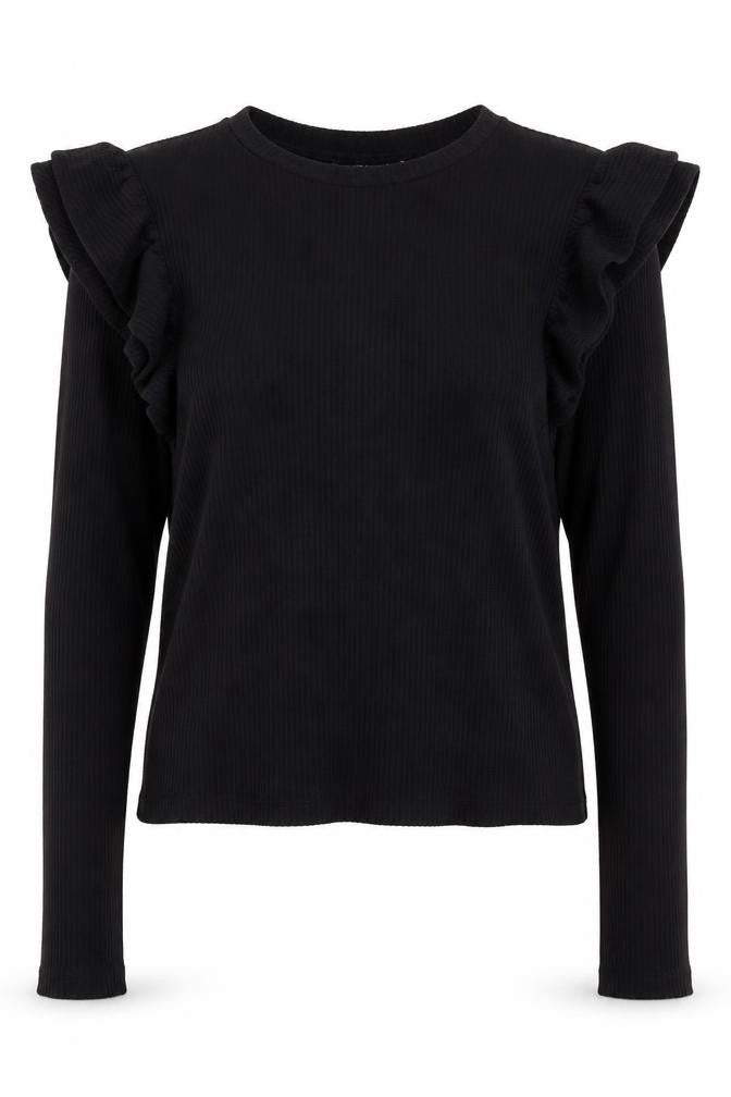 ZARA Women Black Ruffle Long Sleeve Jersey Blouse Size S