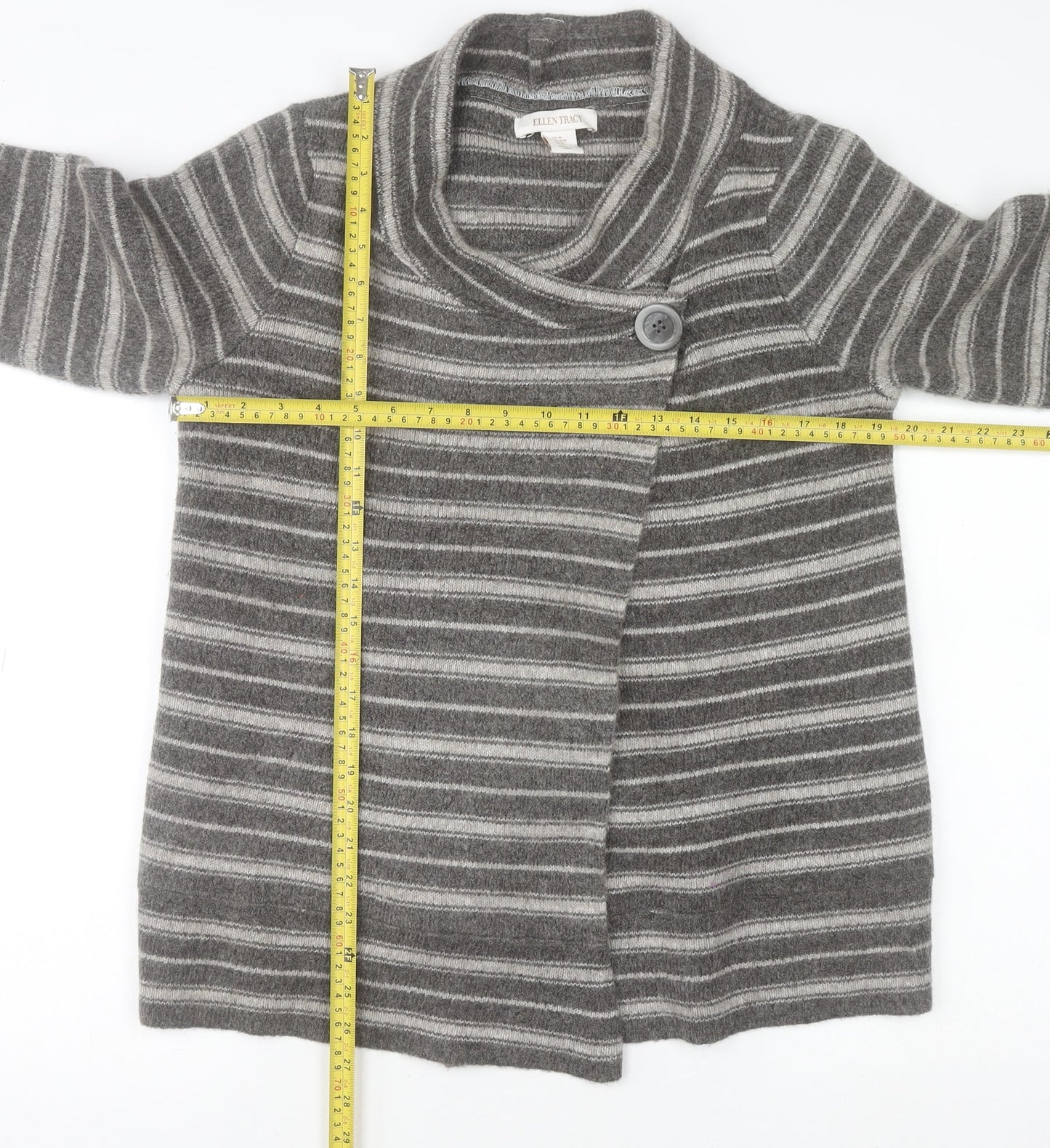 Ellen Tracy Womens Grey Striped Cowl Neck Cardigan Medium