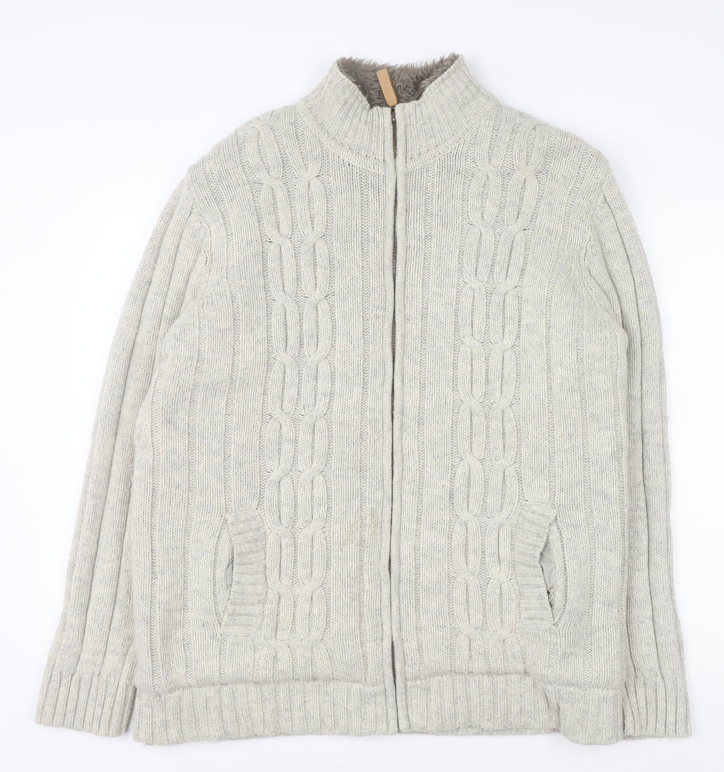 Cherokee Men's Beige Wool Blend Full Zip Cable Knit Jumper L