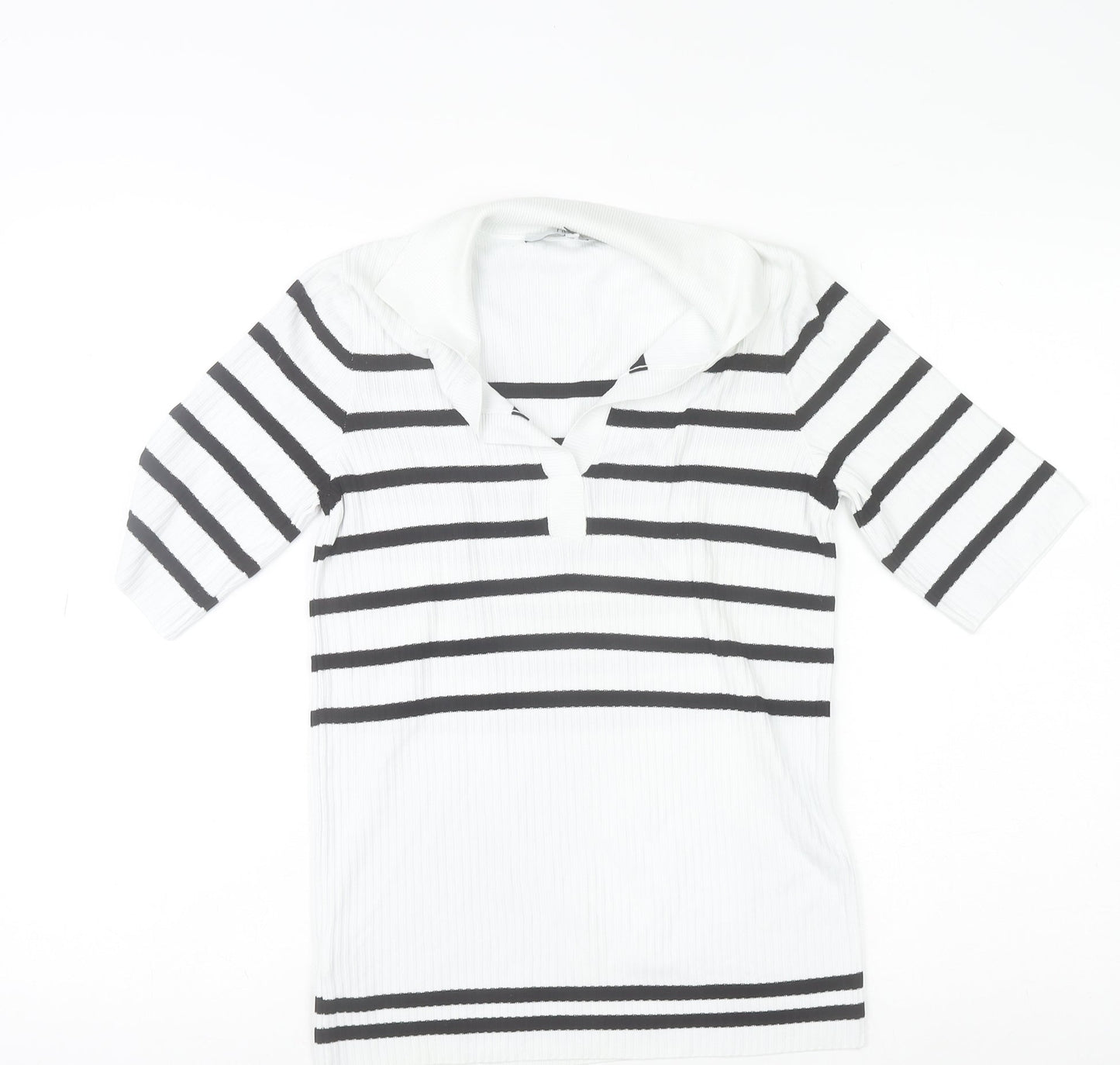 Next Women White Black Striped Collared Short Sleeve Stretch T-Shirt Size 6