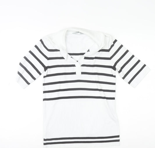 Next Women White Black Striped Collared Short Sleeve Stretch T-Shirt Size 6