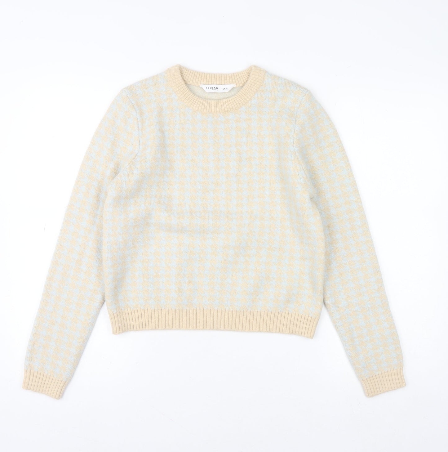 Redtag Woman Beige Blue Houndstooth Crew Neck Jumper UK 12