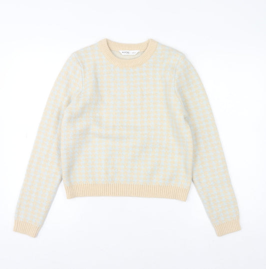 Redtag Woman Beige Blue Houndstooth Crew Neck Jumper UK 12