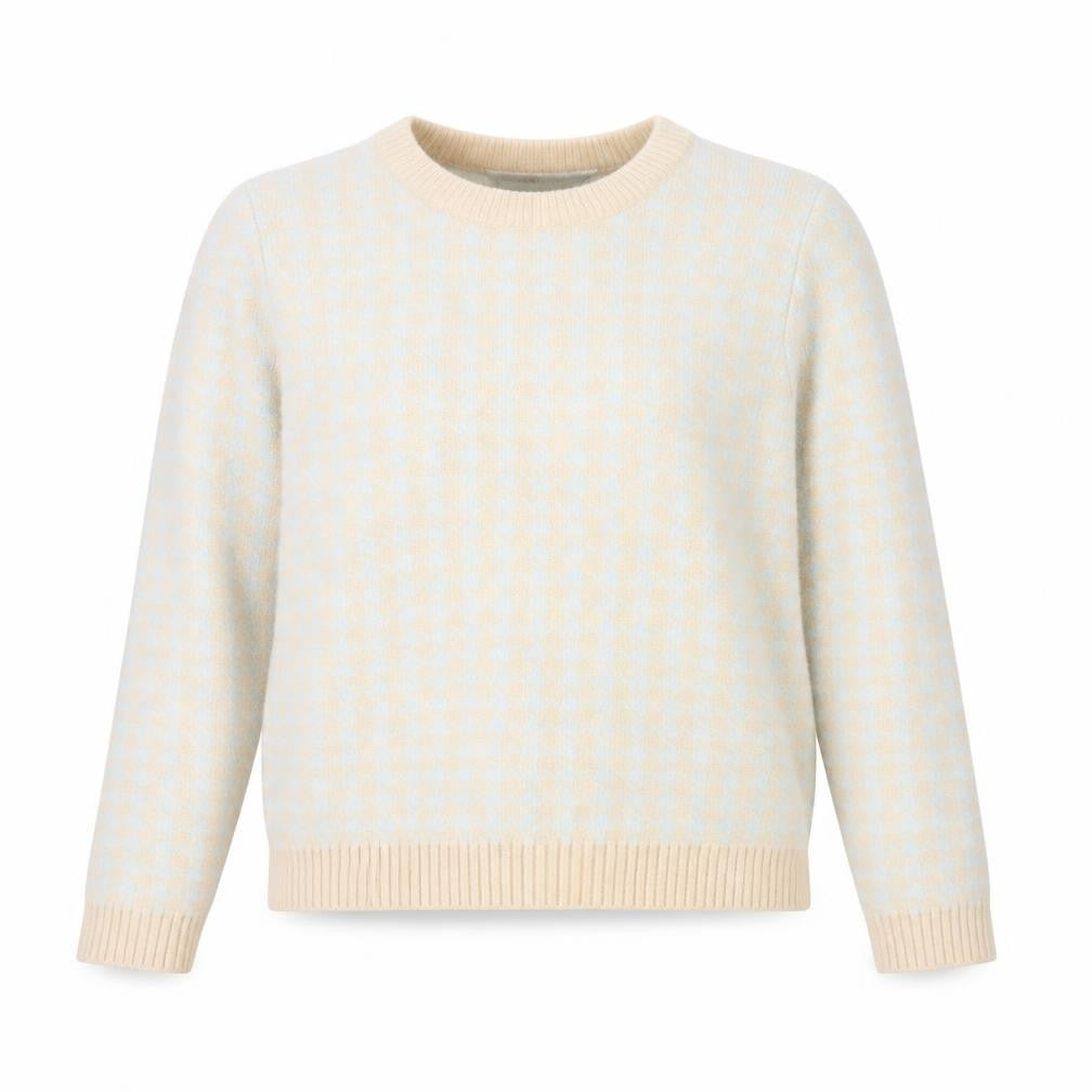 Front view of Redtag Woman Beige Blue Houndstooth Crew Neck Jumper UK 12