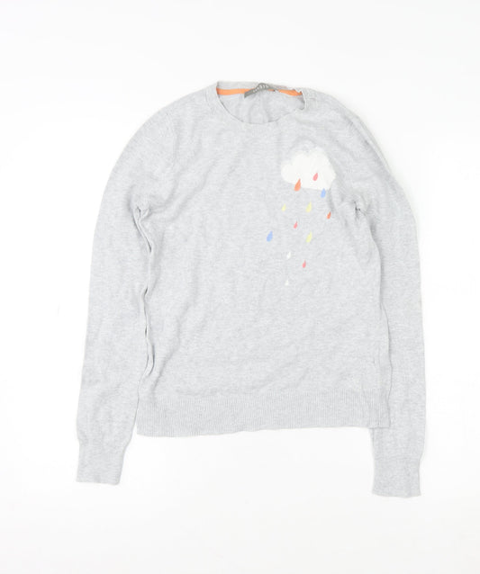 Oasis Women’s Grey Cotton Pullover Jumper XS Crew Neck Embroidered Cloud