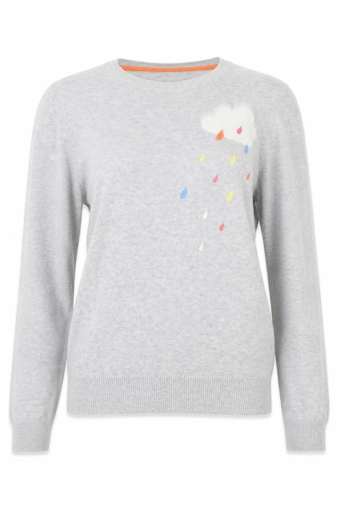 Oasis Women’s Grey Cotton Pullover Jumper XS Crew Neck Embroidered Cloud
