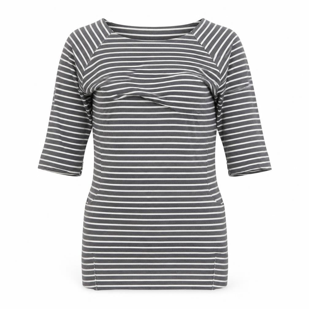 Wi & Co Women Grey Striped Cotton 3/4 Sleeve Relaxed T-Shirt S