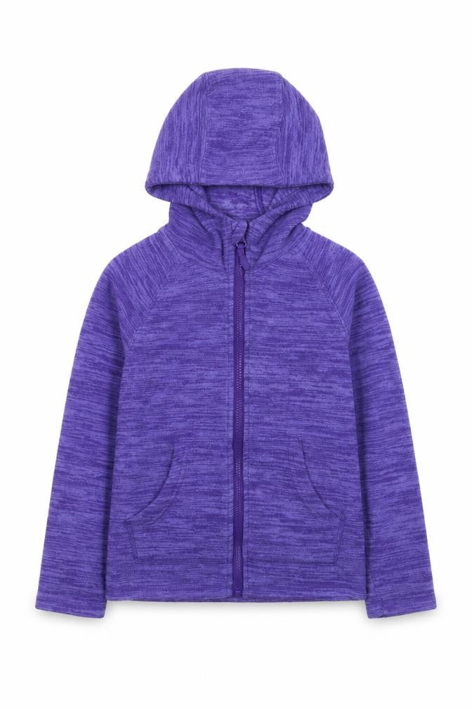 Front view of Mountain Warehouse girls’ purple hooded full zip fleece jacket 7-8 years