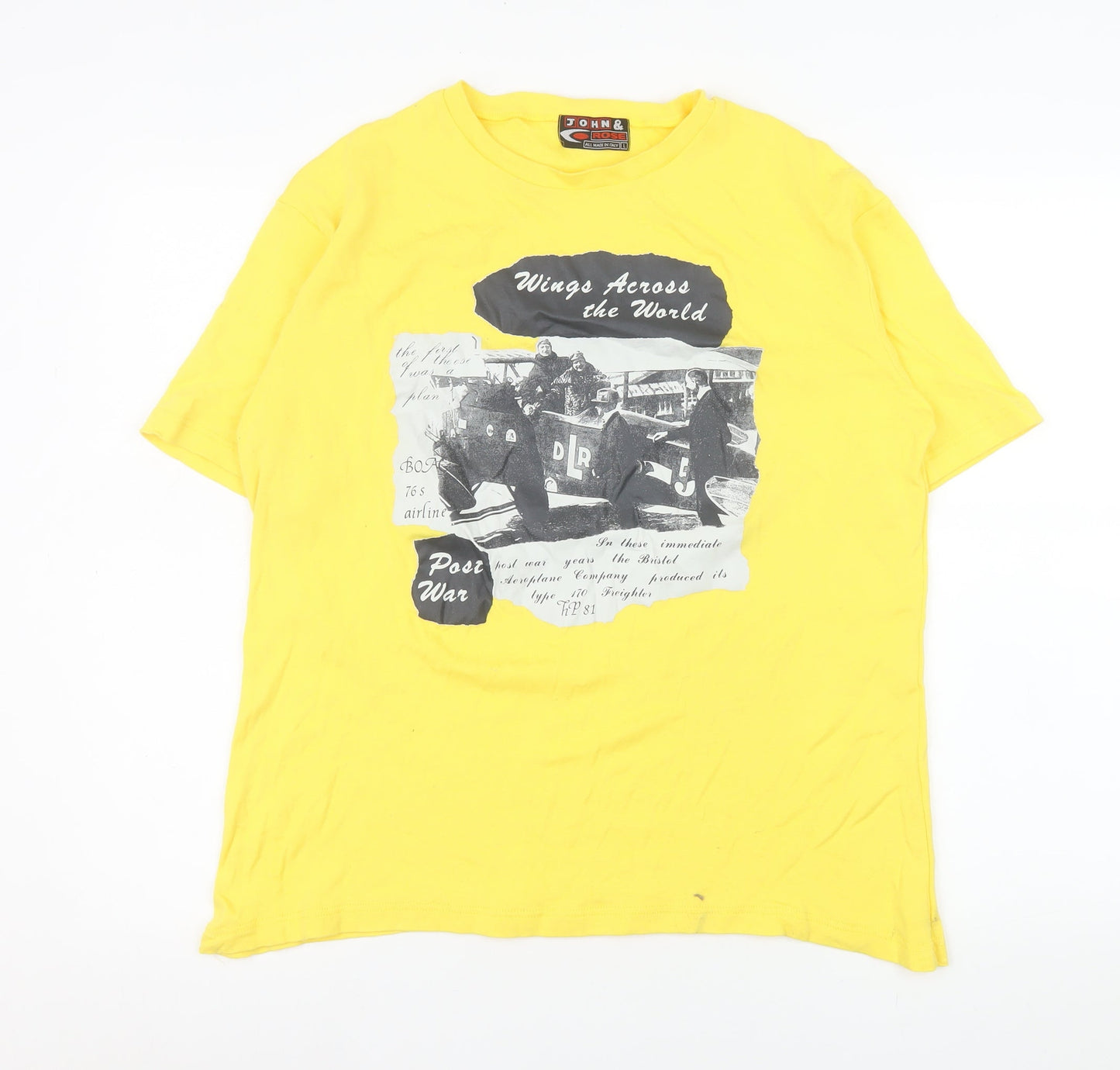 John & Rose Men’s Yellow Graphic Post War T-Shirt L Short Sleeve Cotton