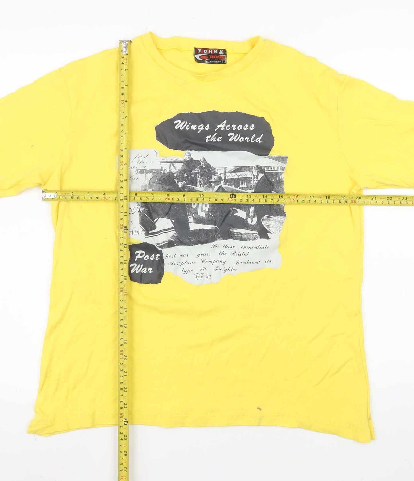 John & Rose Men’s Yellow Graphic Post War T-Shirt L Short Sleeve Cotton