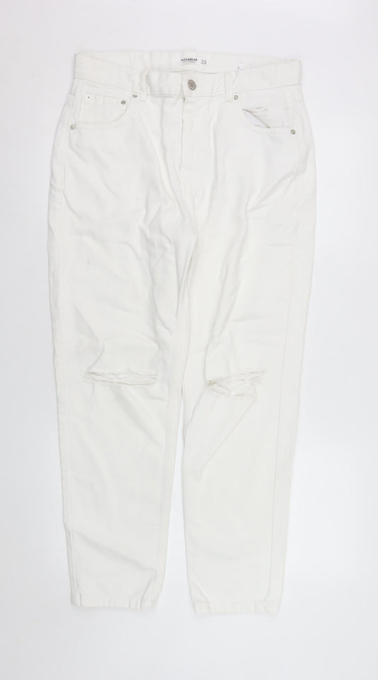 Pull & Bear Women White Mom Jeans Size 14 Distressed Denim High Rise