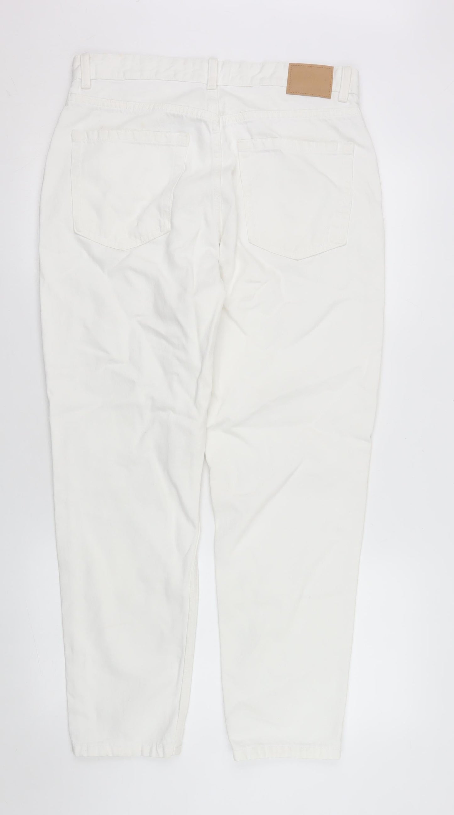 Pull & Bear Women White Mom Jeans Size 14 Distressed Denim High Rise