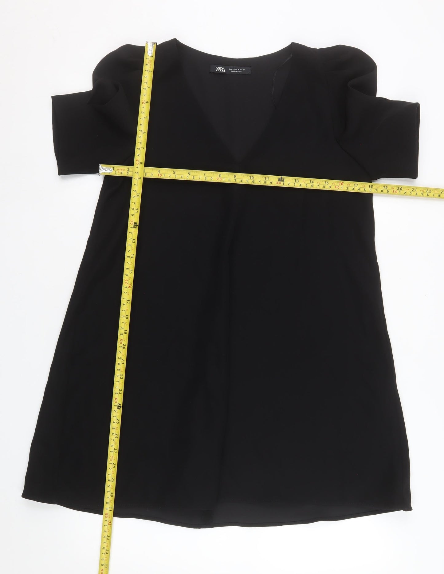 Zara Women Black Short Sleeve V-Neck Shift Dress Size S