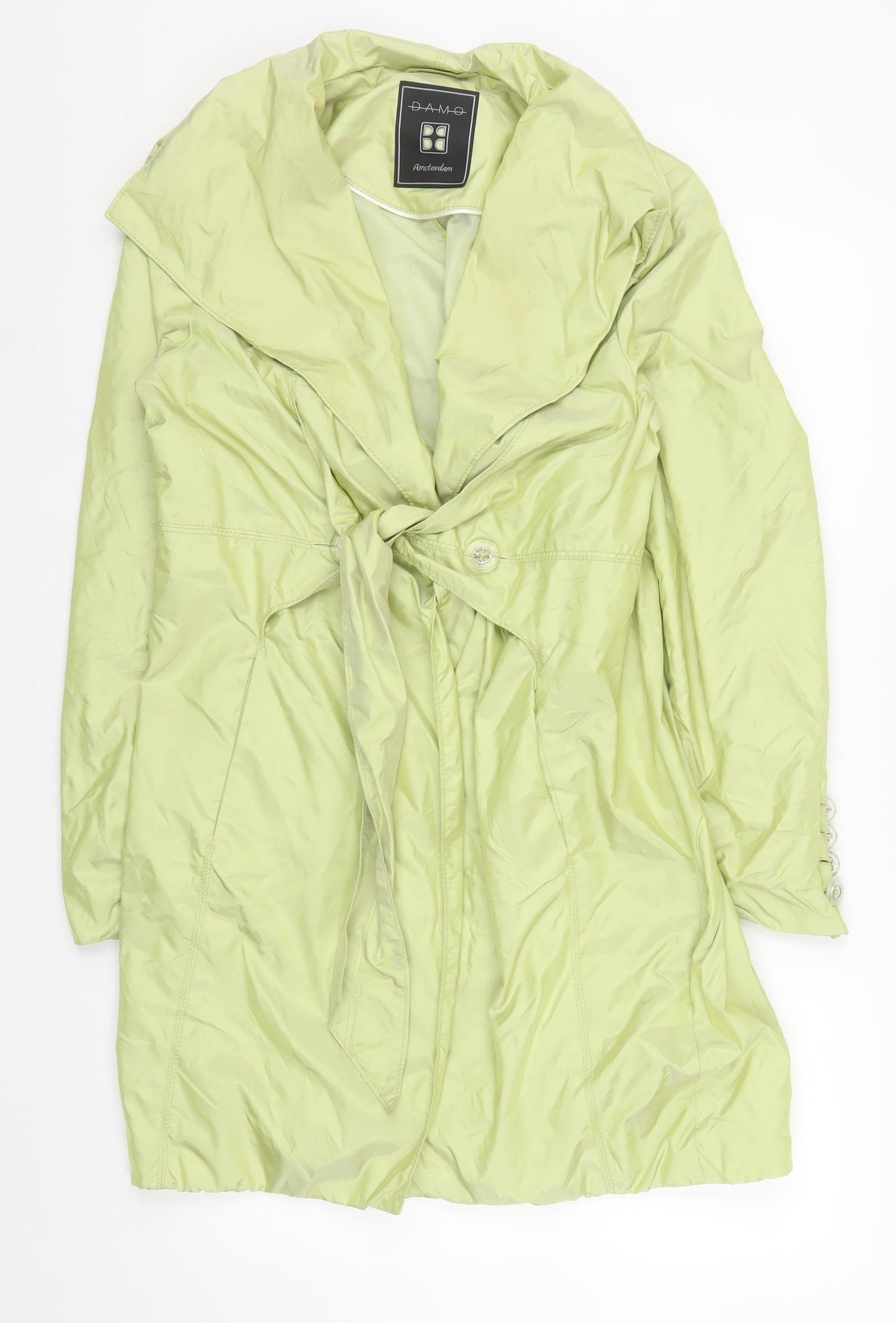 Damo Amsterdam Womens Green Belted Trench Coat Size 14 Lightweight Mid-Length