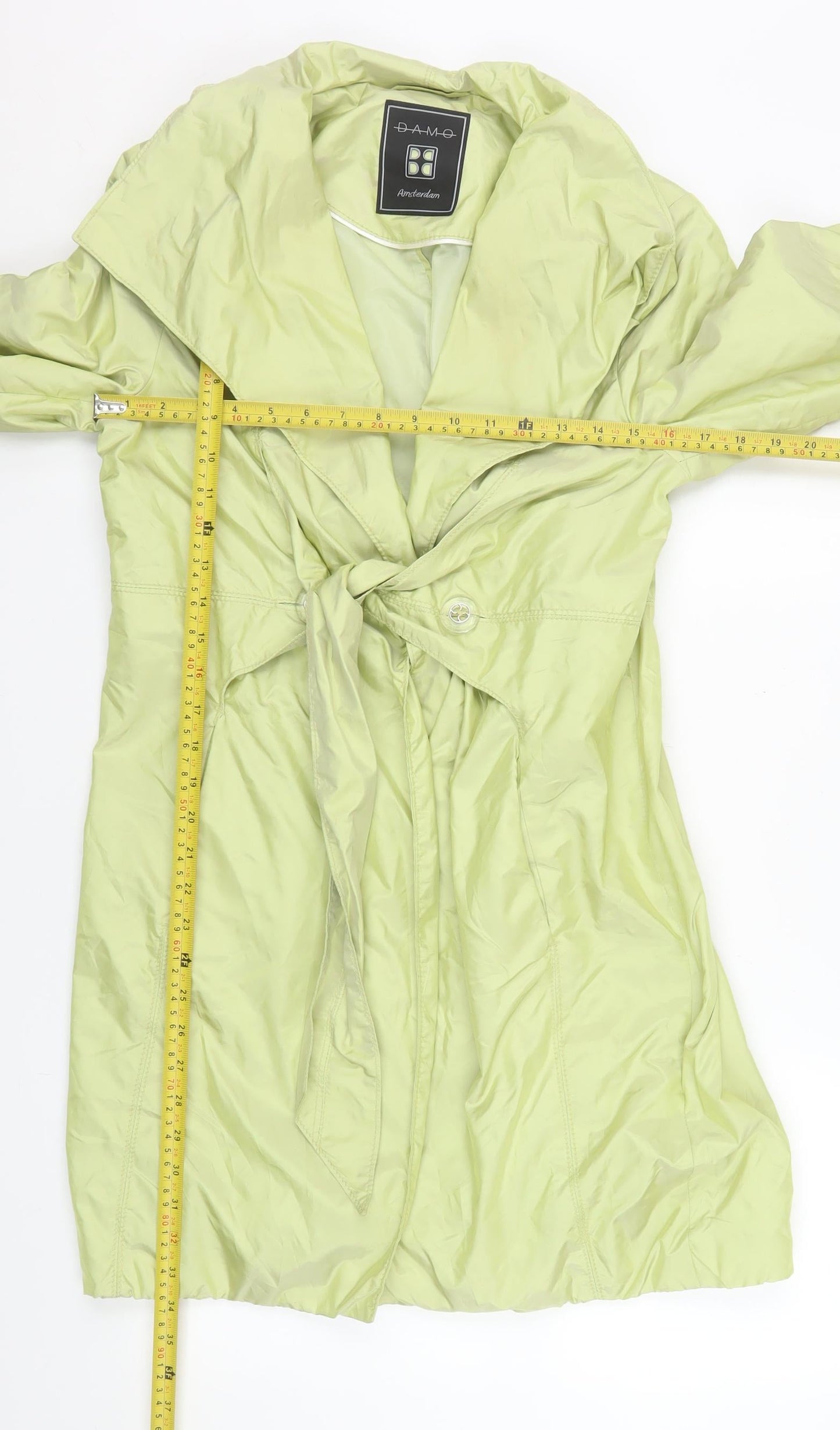 Damo Amsterdam Womens Green Belted Trench Coat Size 14 Lightweight Mid-Length