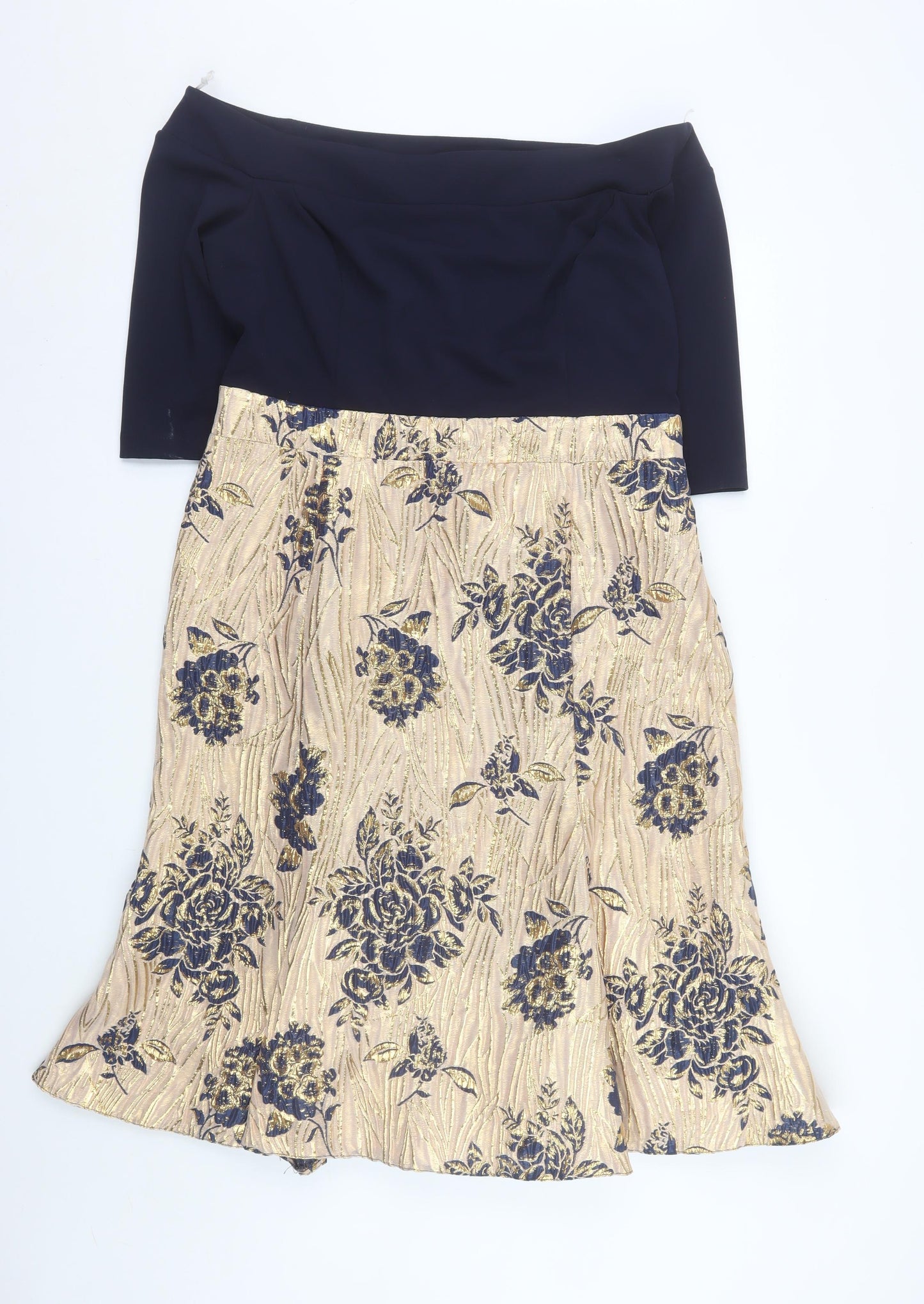 Red & Royal London Womens Gold Blue Fit & Flare Floral Off Shoulder Dress Size 2XL