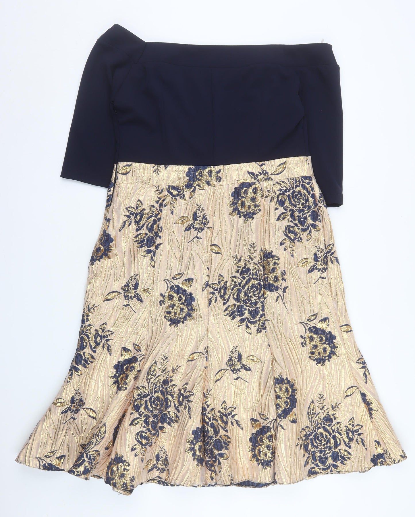 Red & Royal London Womens Gold Blue Fit & Flare Floral Off Shoulder Dress Size 2XL