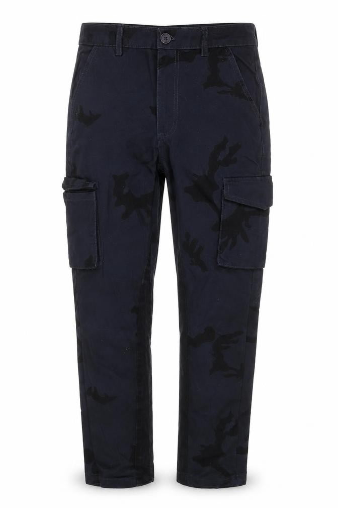 Front view of boohooMAN Men’s Blue Camouflage Cargo Trousers, size 30, Regular Fit