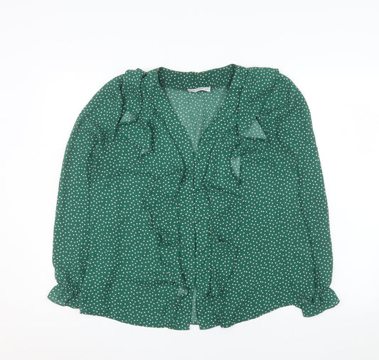 Gallery Women’s Green Polka Dot Ruffle V-Neck Blouse Size 14
