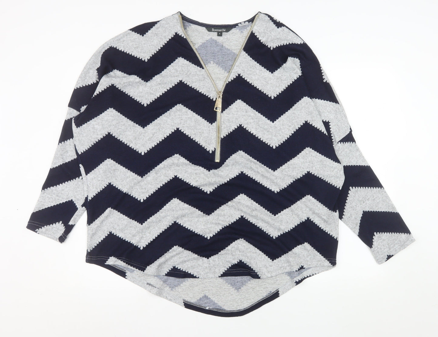 Bonmarché Women Blue Geometric Zip V-Neck Jersey Top XL