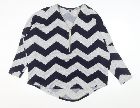 Bonmarché Women Blue Geometric Zip V-Neck Jersey Top XL