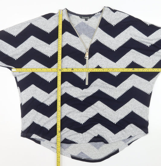 Bonmarché Women Blue Geometric Zip V-Neck Jersey Top XL