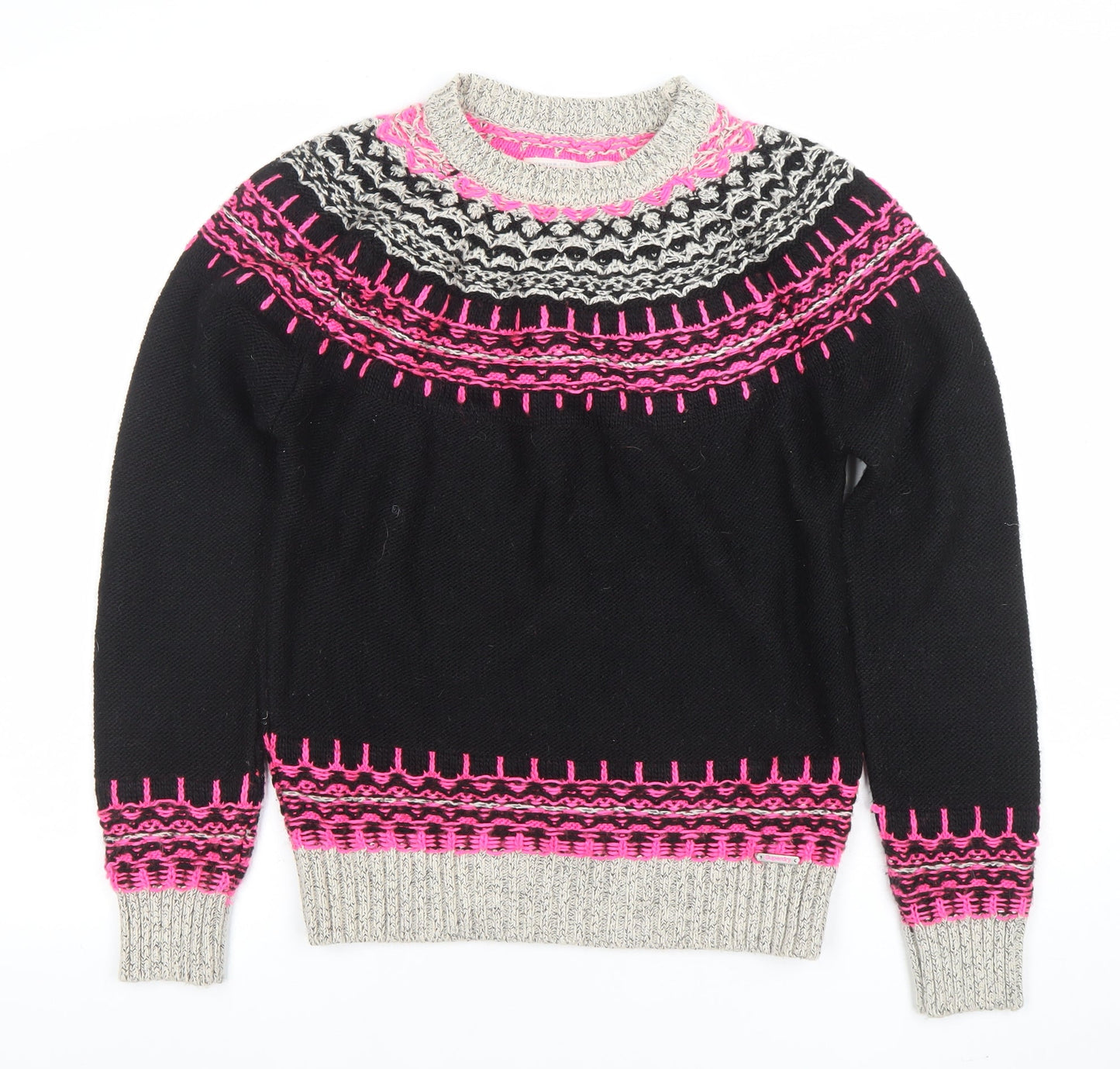 Superdry Men's Black Fair Isle Knit Jumper M Crew Neck Wool Blend