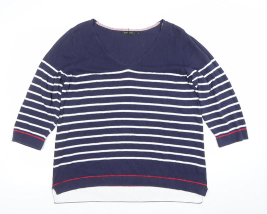 Jeanne Pierre Women Blue Striped V-Neck Cotton Knit Top Size 16