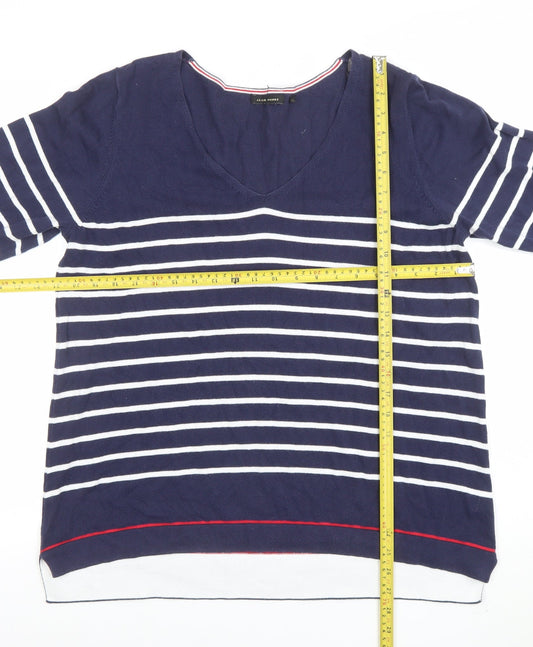 Jeanne Pierre Women Blue Striped V-Neck Cotton Knit Top Size 16