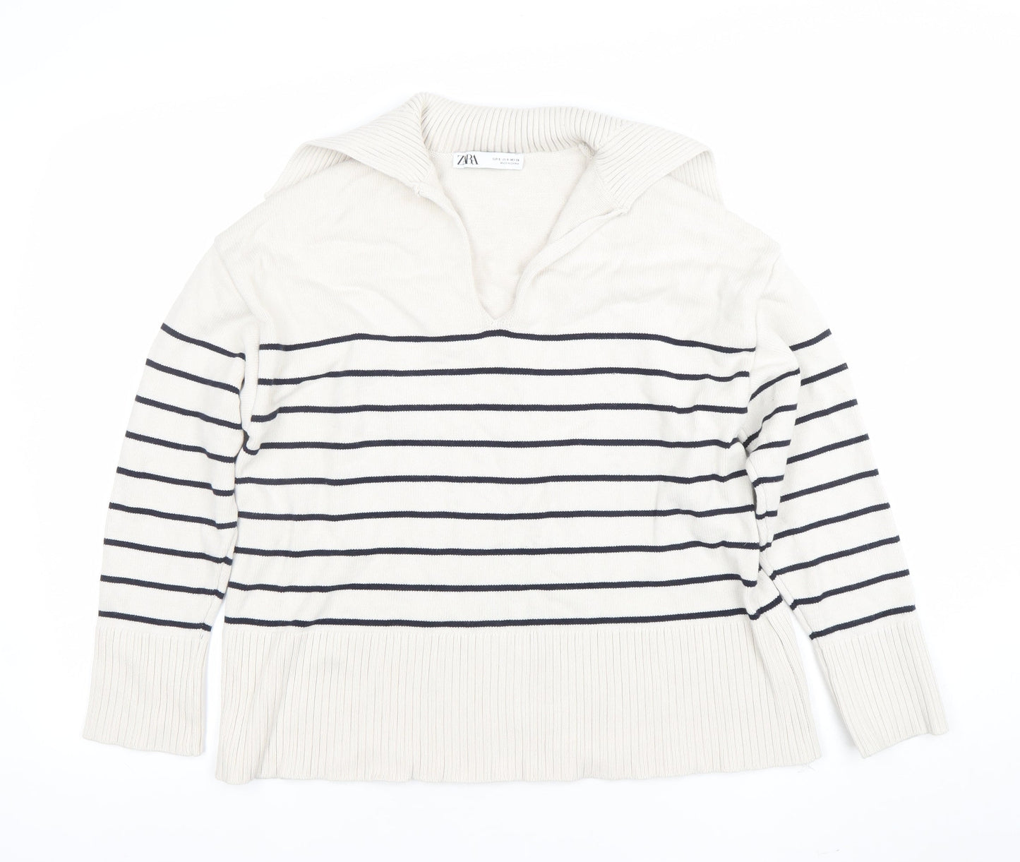 ZARA Women Ivory Striped Knit Collared Long Sleeve Pullover Jumper Size 10