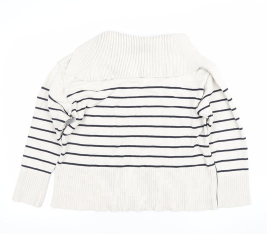 ZARA Women Ivory Striped Knit Collared Long Sleeve Pullover Jumper Size 10