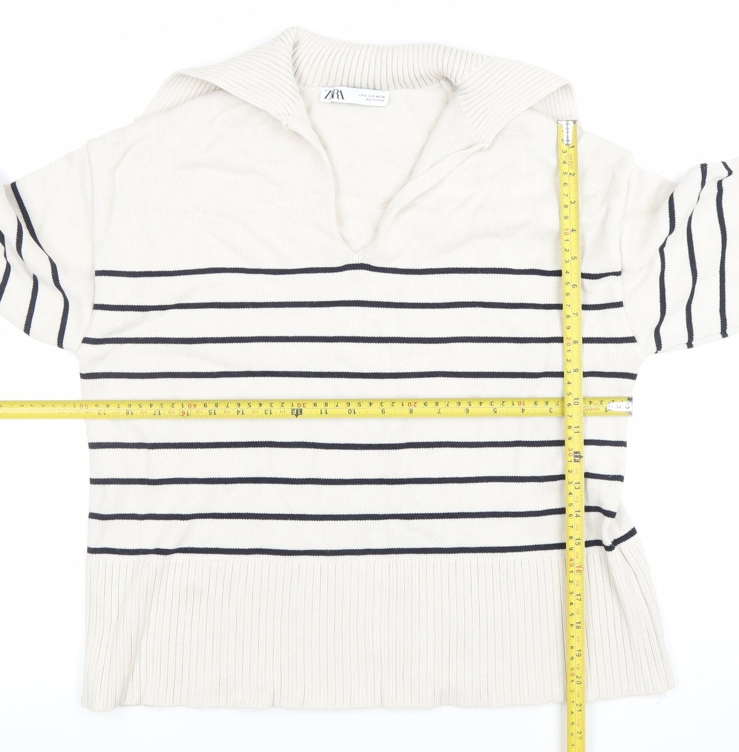 ZARA Women Ivory Striped Knit Collared Long Sleeve Pullover Jumper Size 10