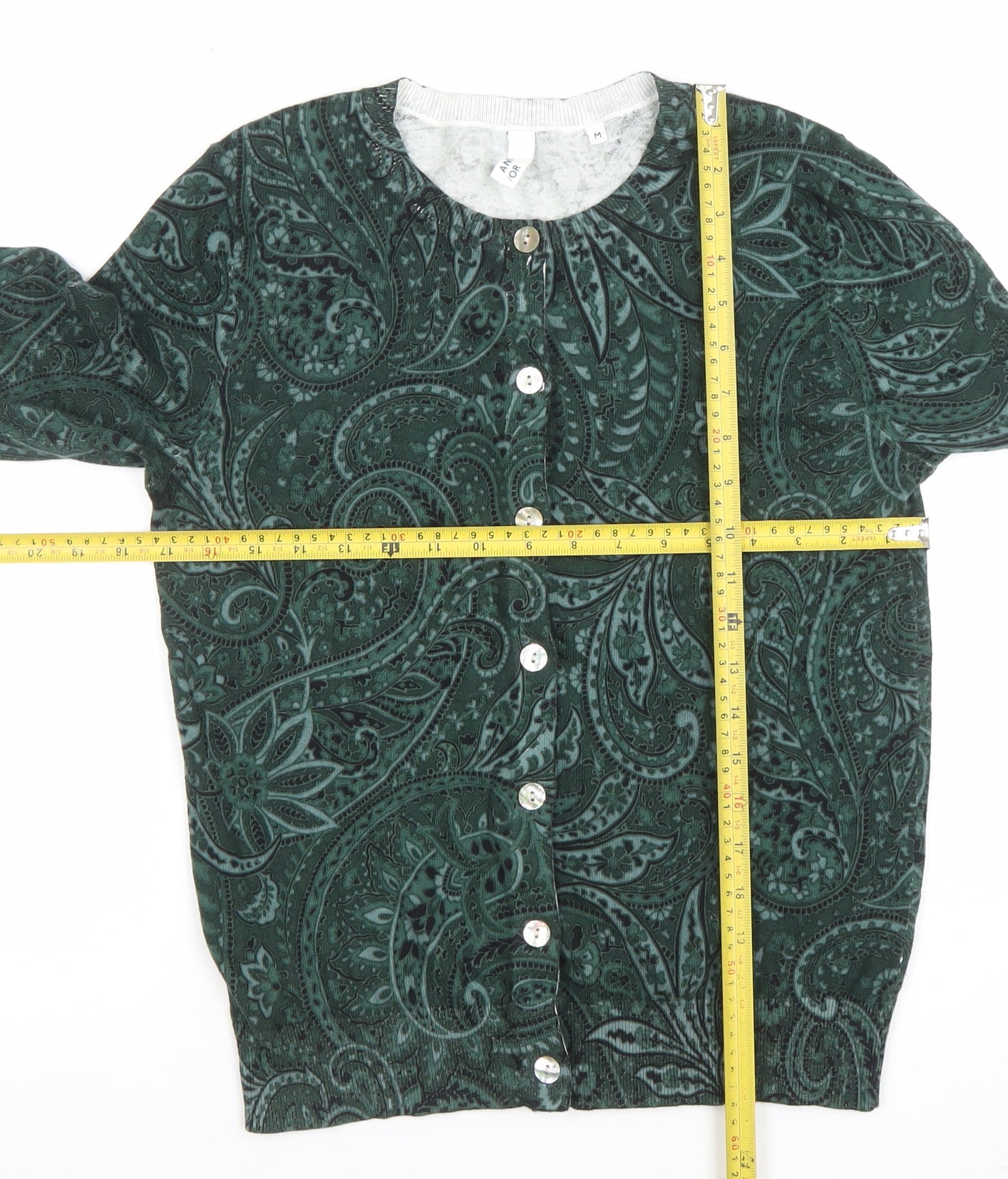 AND/OR Women’s Green Velvet Paisley Button Cardigan Size M